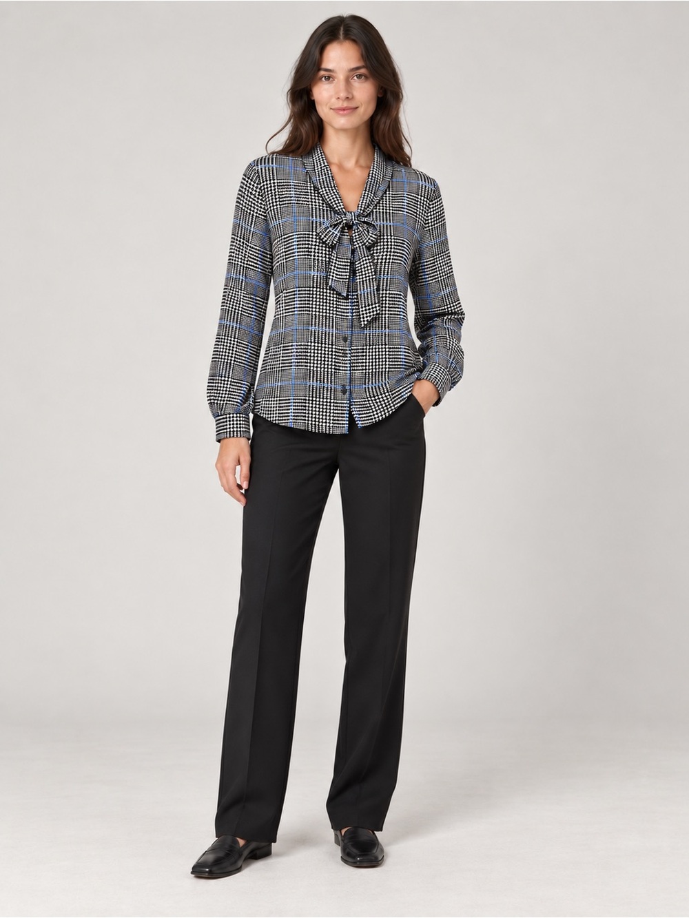 Brooks Brothers Women’s Tie Neck Plaid Blouse Black Blue Size 6